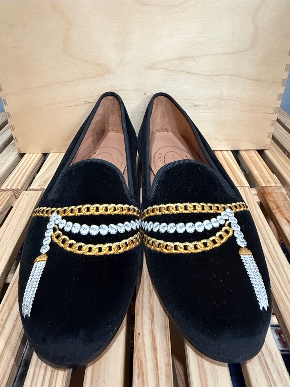 Stubbs & Wootton Black Velvet Gold Silver Chain Tassel Embroidered Loafers 8.5